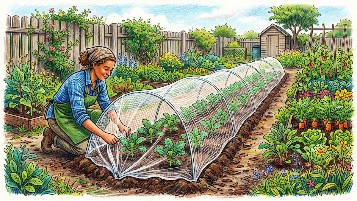 Row of young kale seedlings protected under fine white insect netting stretched over wire hoops with edges buried to exclude flea beetles