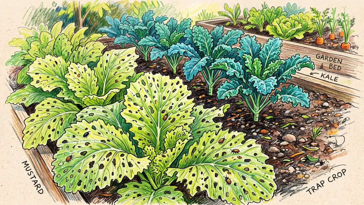Broad-leaved Southern Giant mustard trap crop at a bed edge, its leaves heavily peppered with flea beetle holes while clean kale grows behind