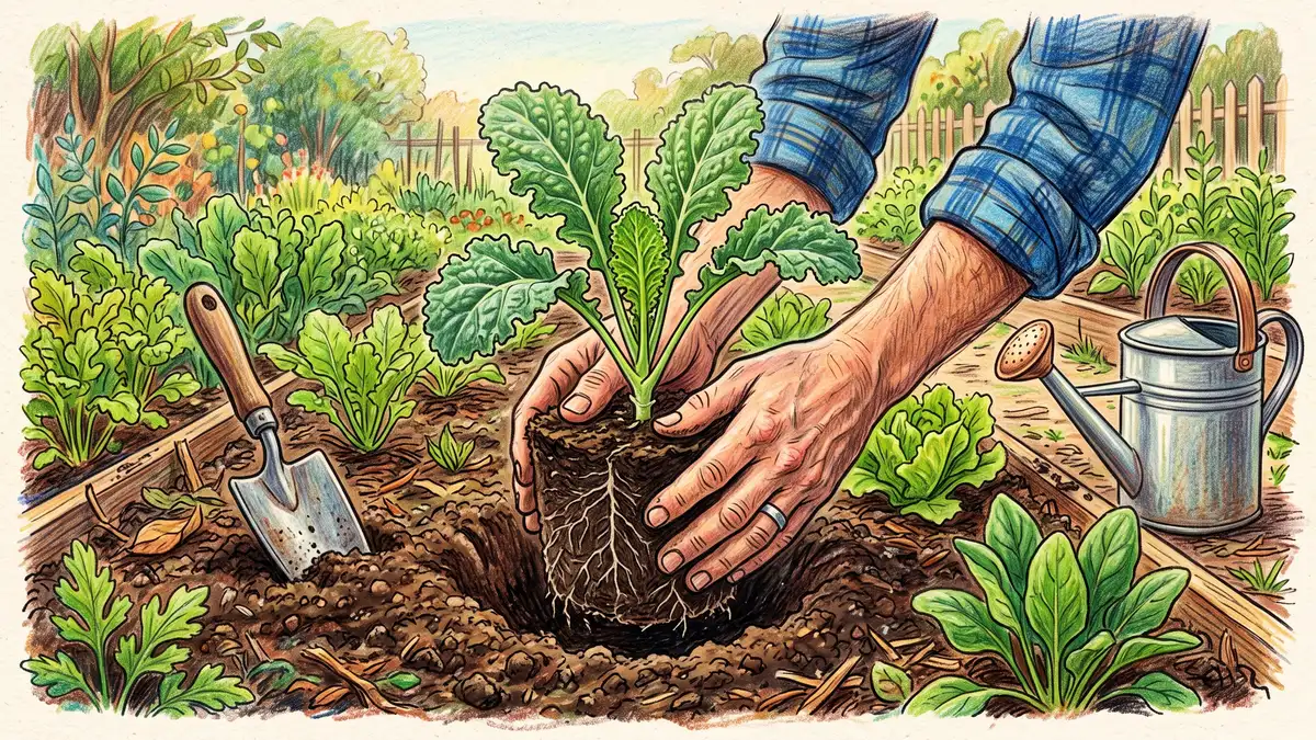 Gardener transplanting a sturdy kale seedling already at four true leaves from a soil block into a prepared garden bed