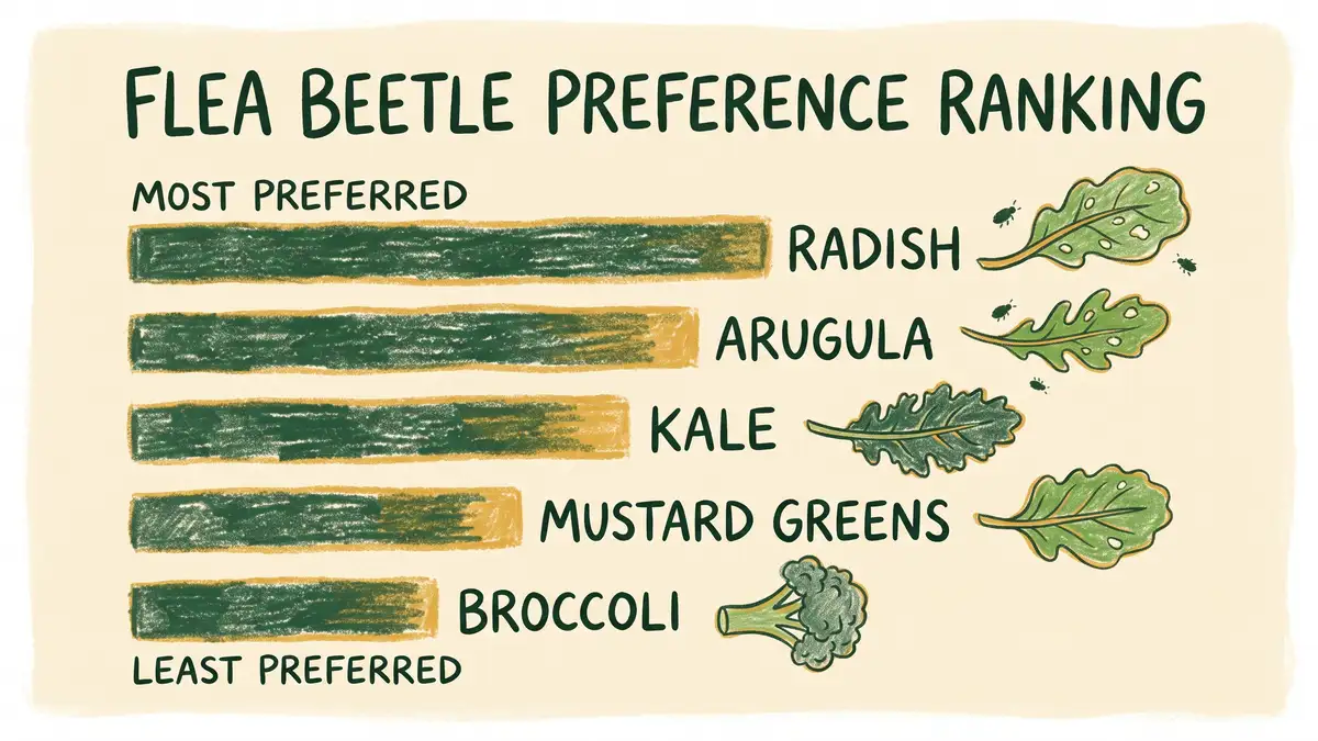 Hand-drawn ranking chart showing brassica crops from most to least preferred by flea beetles, with glossy mustards ranked above waxy cabbage and kale
