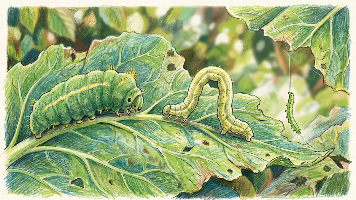 Pencil crayon illustration comparing imported cabbageworm, cabbage looper and diamondback moth larvae side by side on brassica leaves
