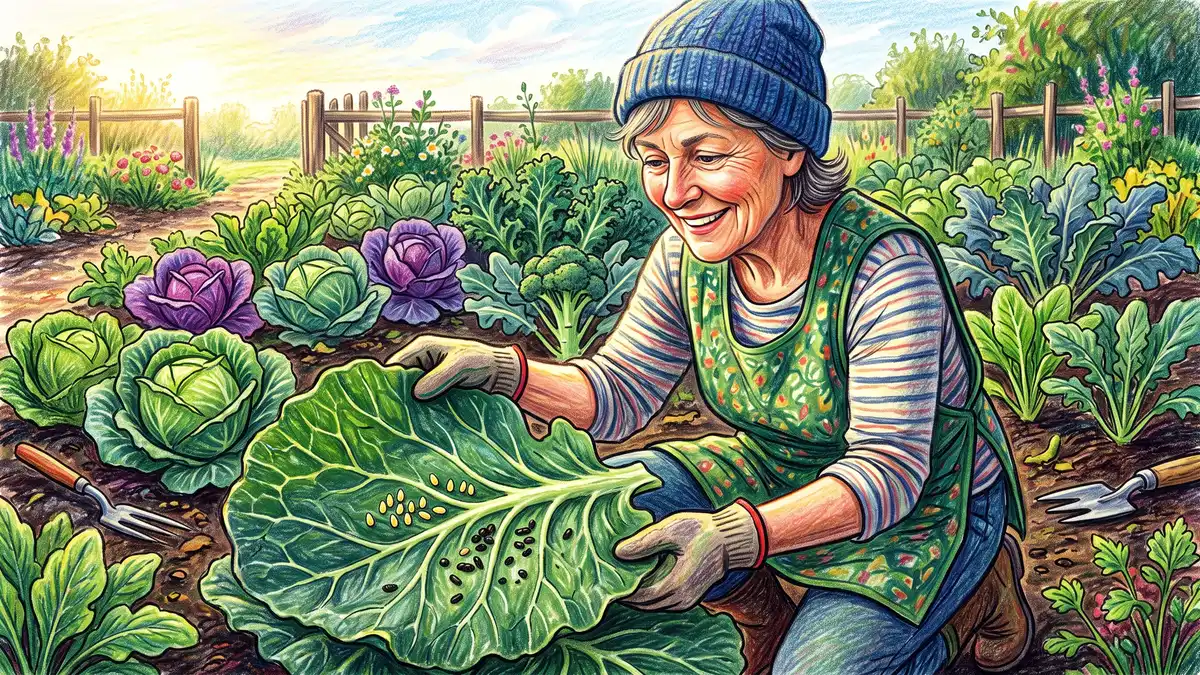 Hands turning over a cabbage leaf to scout for cabbage worm eggs and small larvae on the underside during a weekly garden check