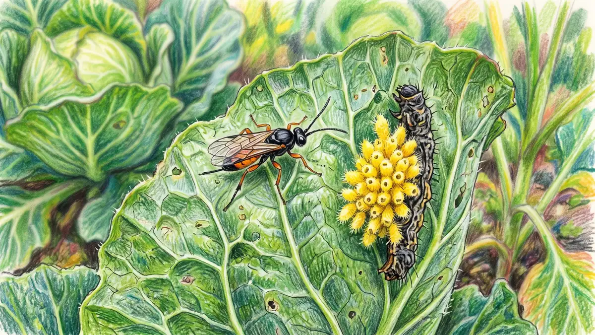 Close-up pencil crayon drawing of a Cotesia parasitoid wasp laying eggs in a cabbage worm larva on a kale leaf