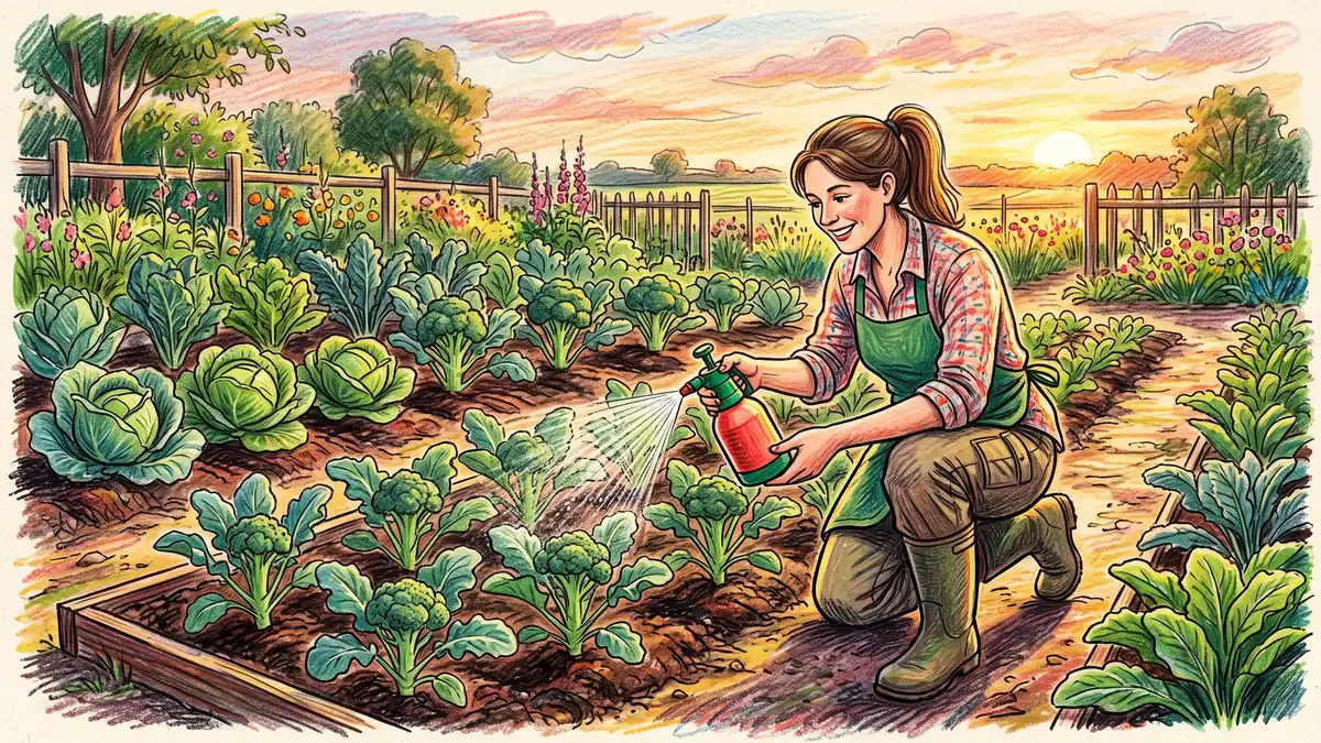 Gardener applying Bacillus thuringiensis spray to the undersides of young broccoli leaves with a handheld pump sprayer