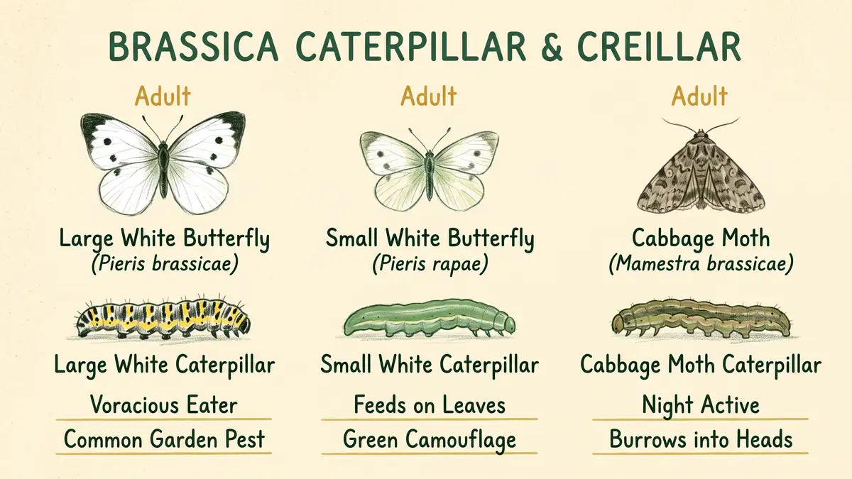 Illustrated identification chart showing cabbage worm larvae, eggs and characteristic leaf damage patterns for three brassica caterpillar species