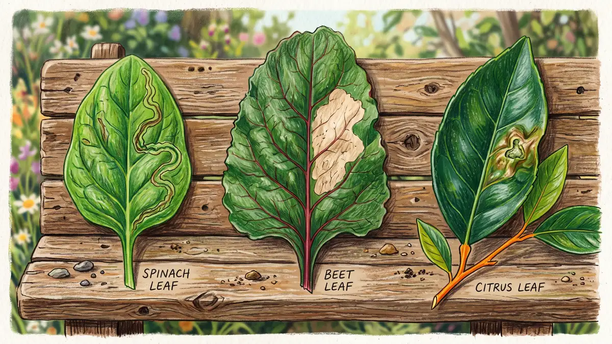 Three leaves showing different leaf miner mine shapes: a serpentine tunnel on spinach, a blotch mine on beet and a tentiform blister on citrus