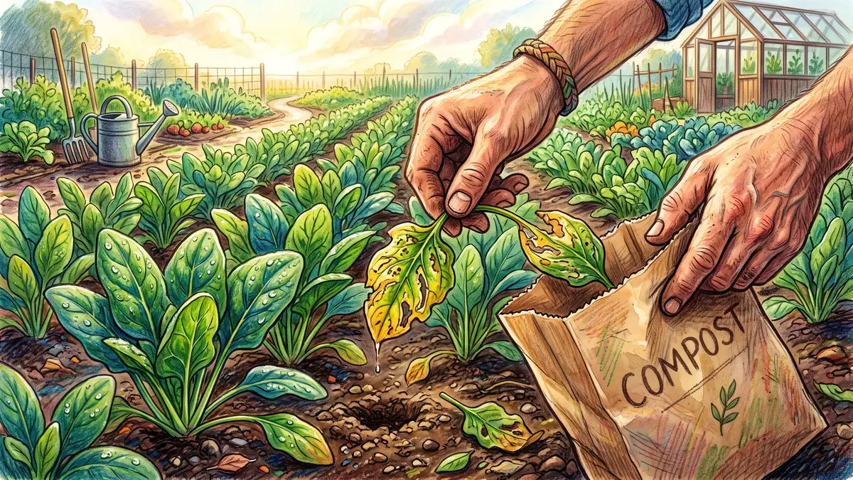 Gardener pinching off a heavily mined spinach leaf at the stem and dropping it into a paper bag beside a healthy spinach row