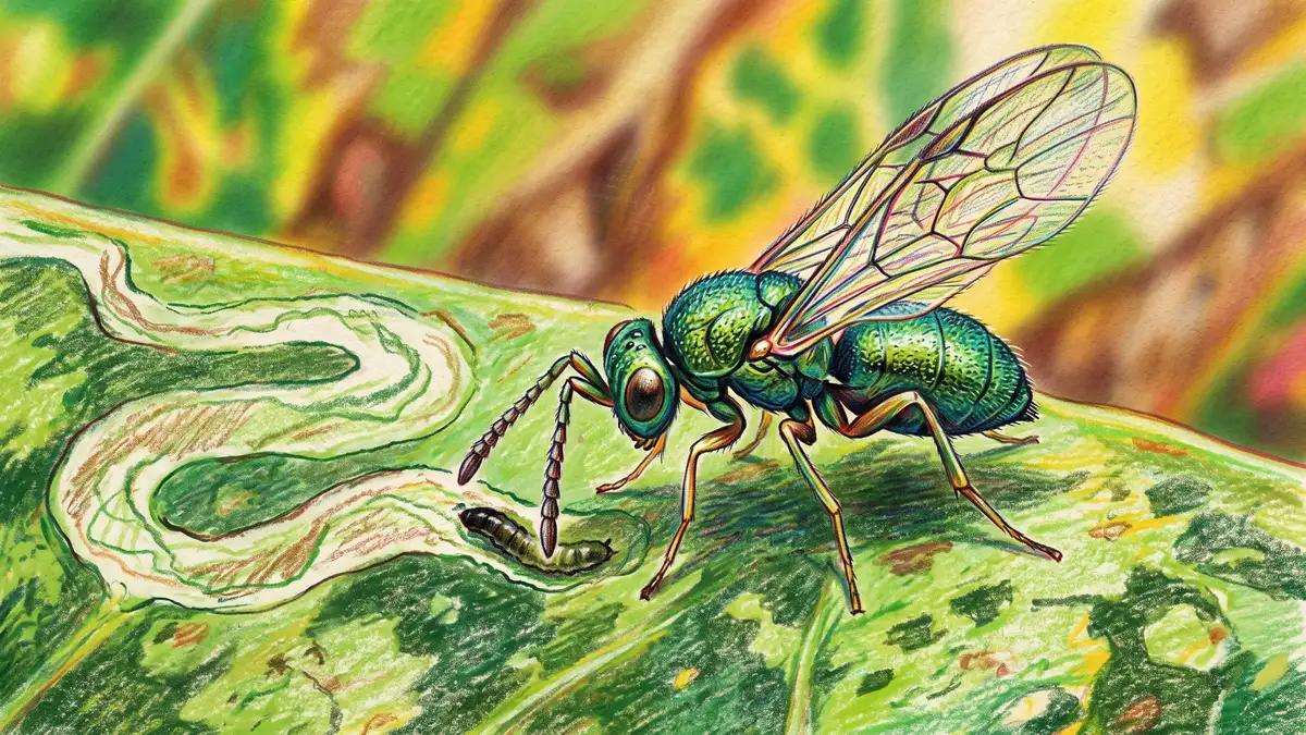 Close-up of a small metallic green parasitoid wasp probing a serpentine leaf miner tunnel on the surface of a garden leaf