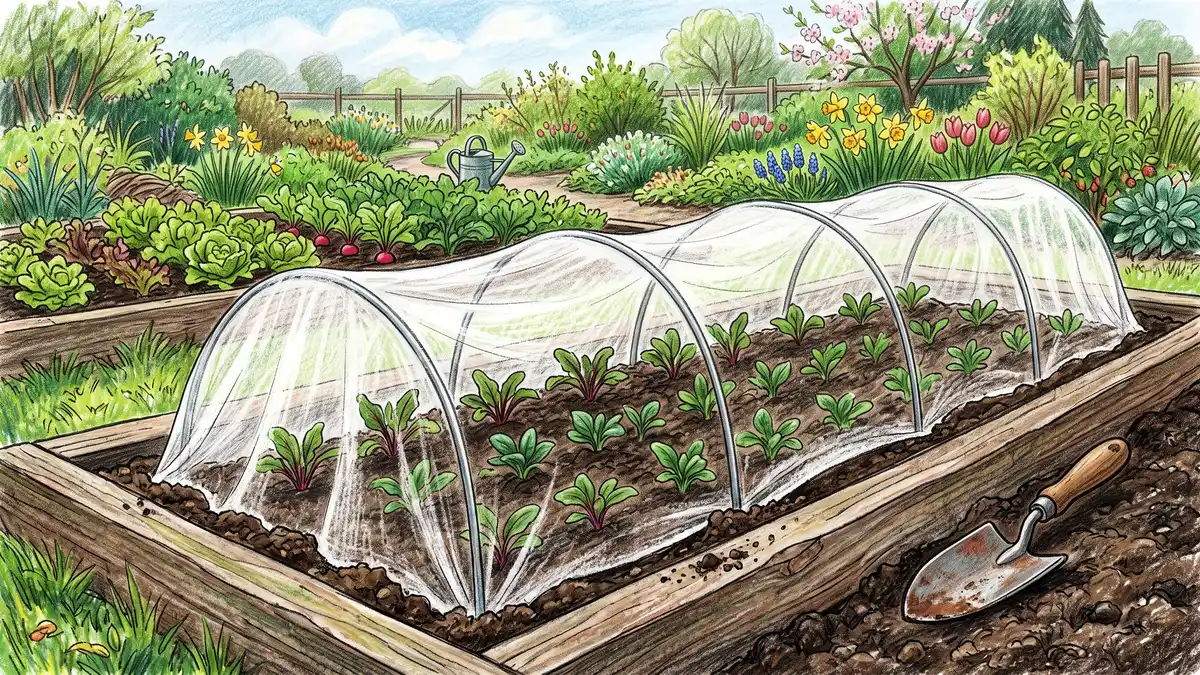 Young beet and spinach seedlings under fine white floating row cover stretched over low hoops with the fabric edges buried in soil