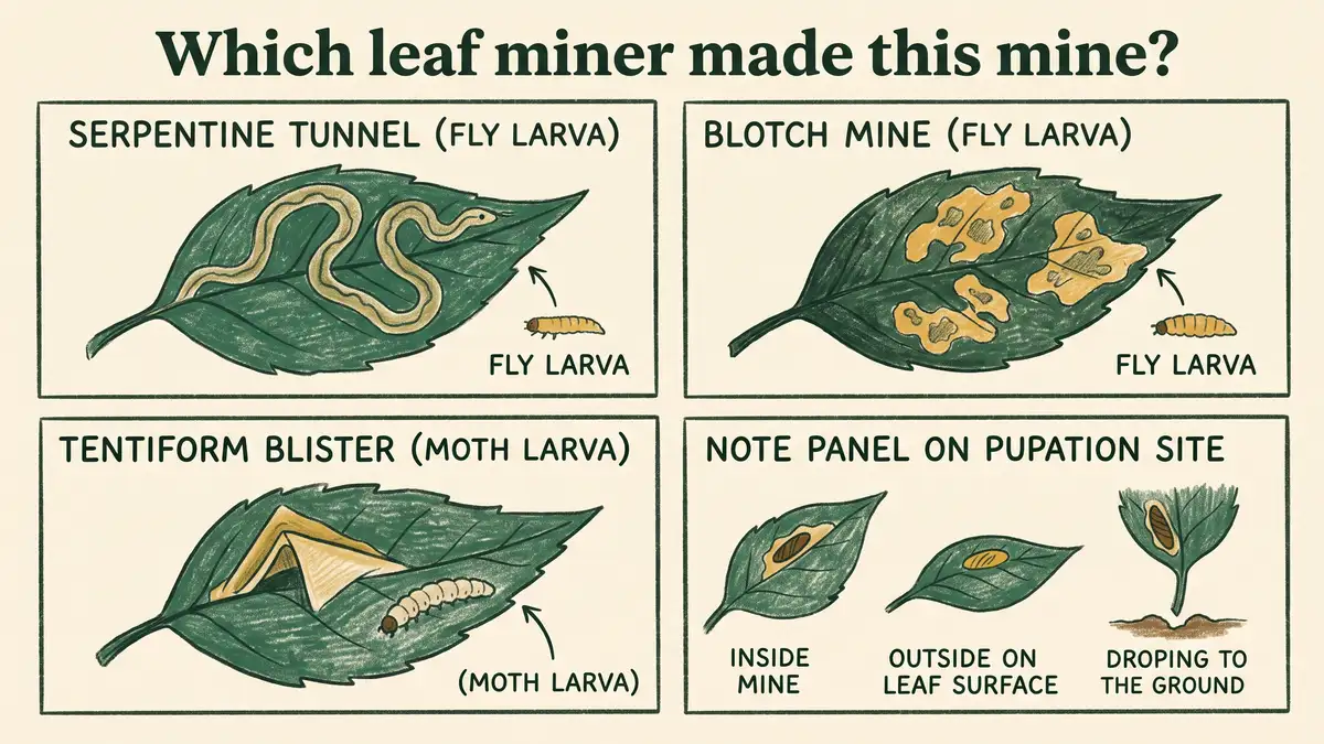 Identification chart matching leaf miner mine shapes to the responsible insect group and showing whether the larva pupates in the leaf or in soil