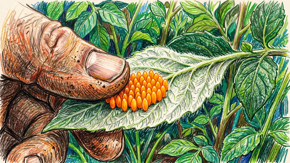 Underside of a potato leaf turned over to show a tight cluster of bright orange Colorado potato beetle eggs standing on end