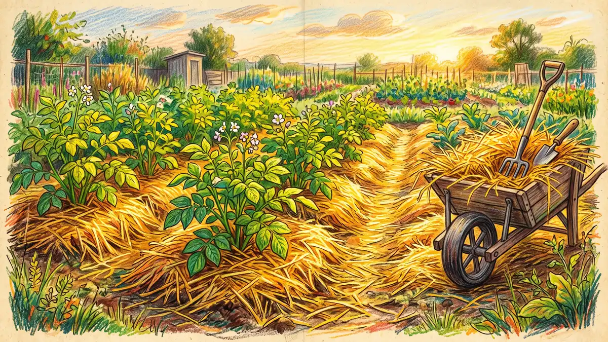 Potato bed thickly mulched with golden straw between rows with green potato plants rising through it in afternoon light