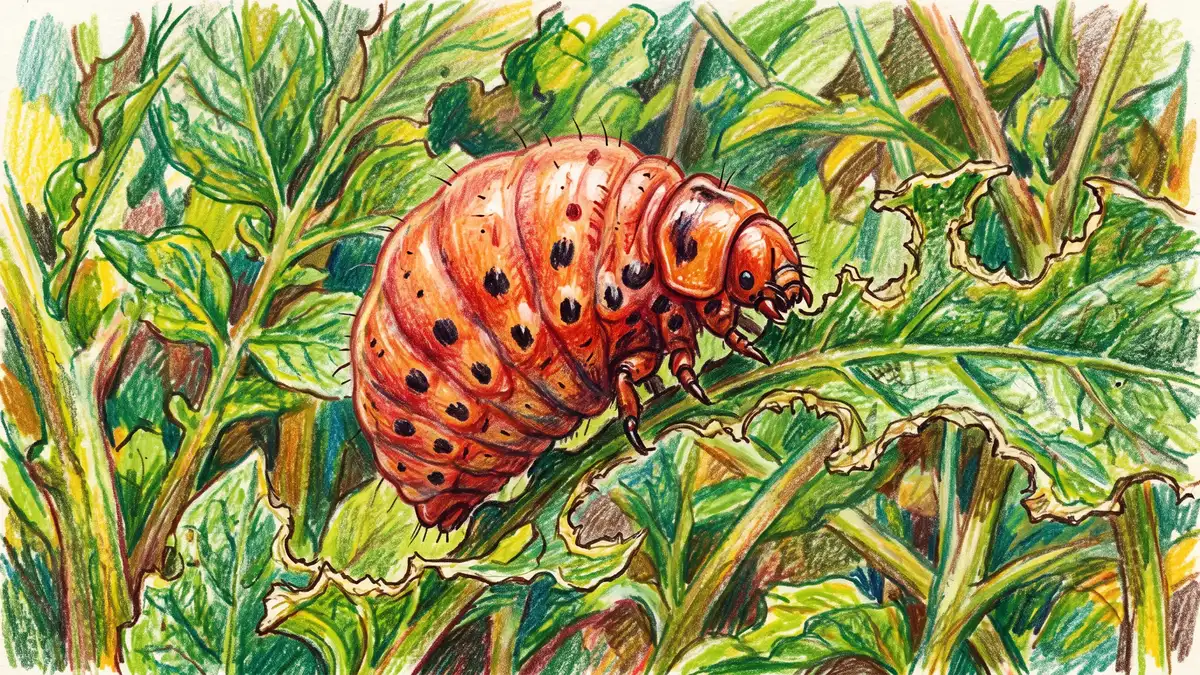 Close-up of a plump orange-red Colorado potato beetle larva with two rows of black spots along each side on a chewed potato leaf