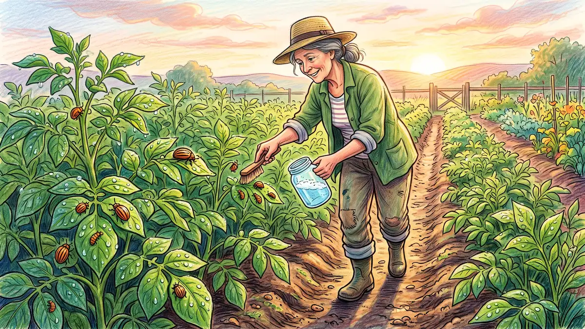Gardener walking a potato row at dawn tipping Colorado potato beetles and larvae from a leaf into a jar of soapy water