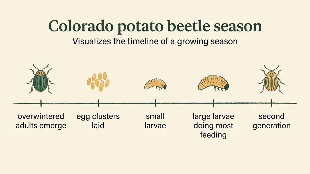 Season timeline infographic showing Colorado potato beetle stages from overwintered adult emergence through egg laying, small larvae, large larvae and second generation