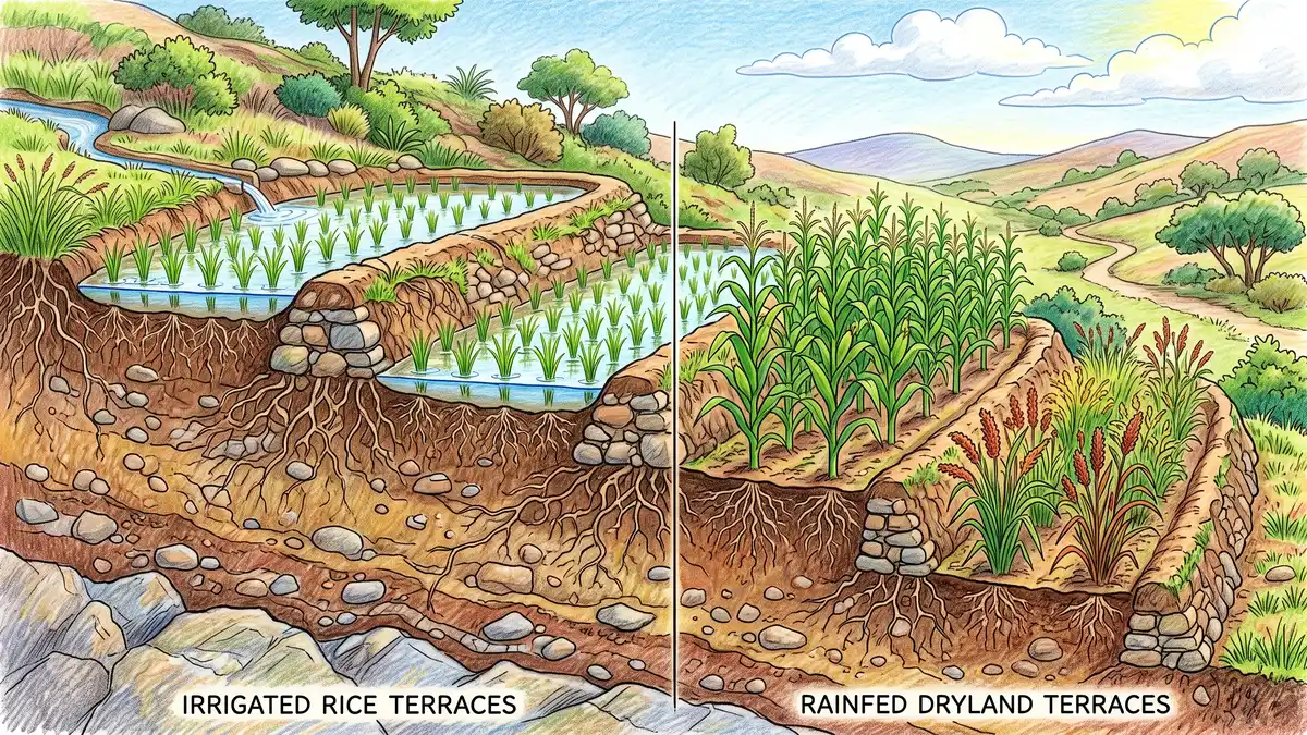 Cross-section drawing comparing an irrigated khet terrace holding standing water for rice with a rainfed bari terrace sloping outward under maize and millet