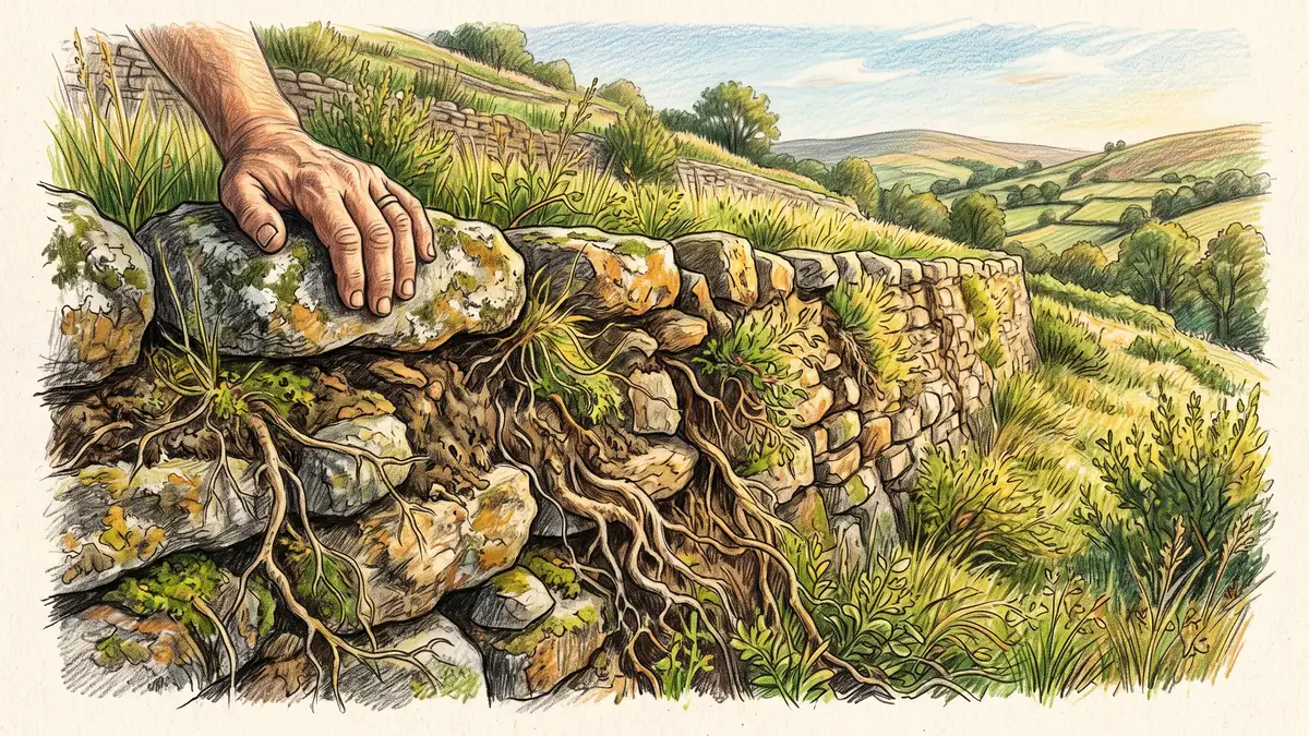 Close-up of a dry-stone and packed-earth terrace riser with grass and fodder shrub roots knitting through the face