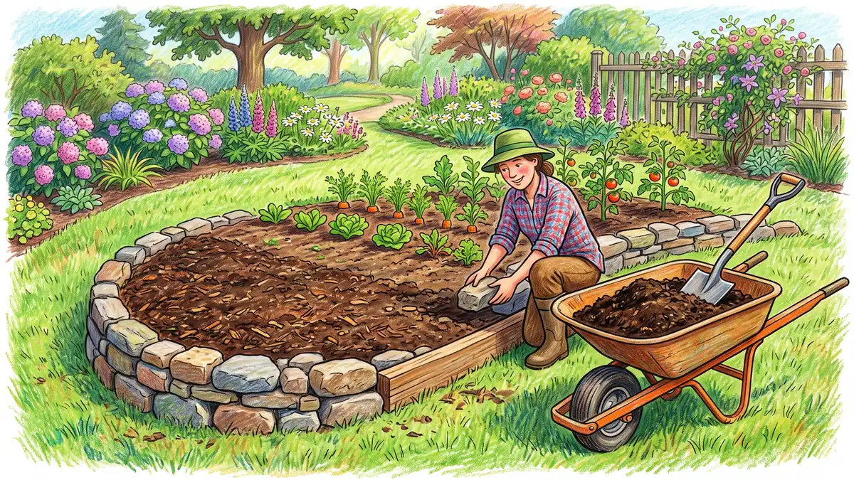 Gardener building a small contour terrace on a gentle backyard slope edged with reclaimed stone and a low timber board