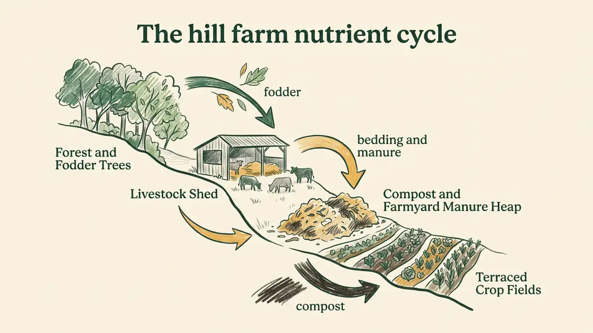 Infographic showing the hill farm nutrient cycle flowing from forest and fodder trees to livestock to compost and then onto terraced crop fields