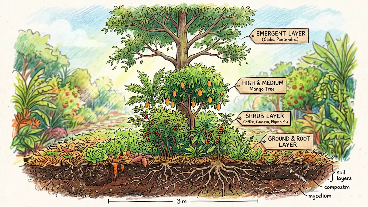 Cutaway drawing of a syntropic planting row showing emergent, high, medium and low strata growing together in one narrow strip over mulch