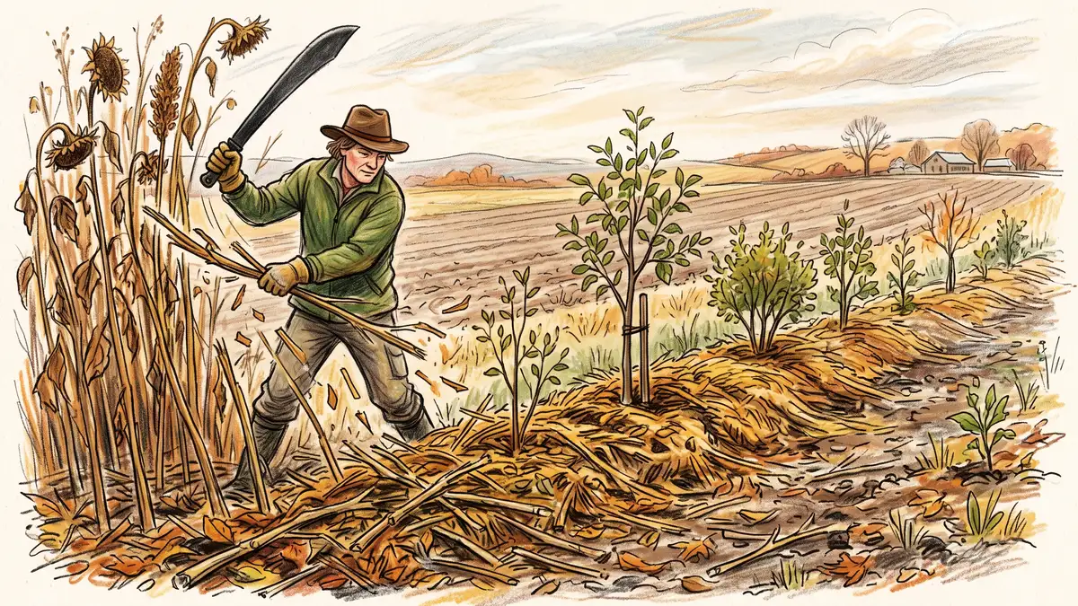 Gardener cutting spent sunflower and sorghum stems and laying them flat as mulch along the base of a young syntropic row in autumn