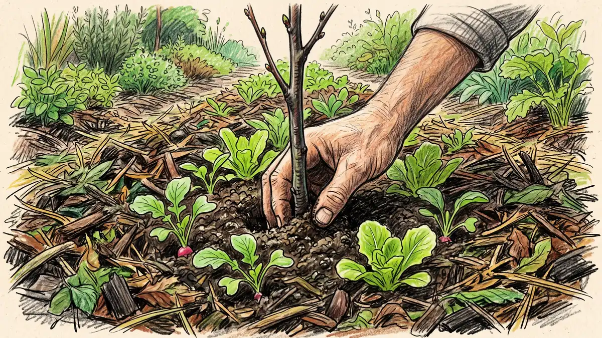 Bare-root fruit tree whip being planted into a mulched syntropic row with radish and lettuce seedlings already growing inches away