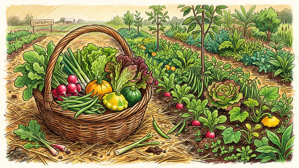 Basket of first-season syntropic harvest with radishes, bush beans, lettuce and small squash resting on straw mulch beside a young row
