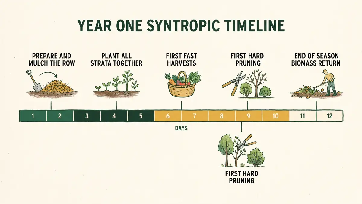 Year one syntropic timeline infographic showing row preparation, planting all strata, first fast harvests at sixty days, first hard pruning and end of season biomass return