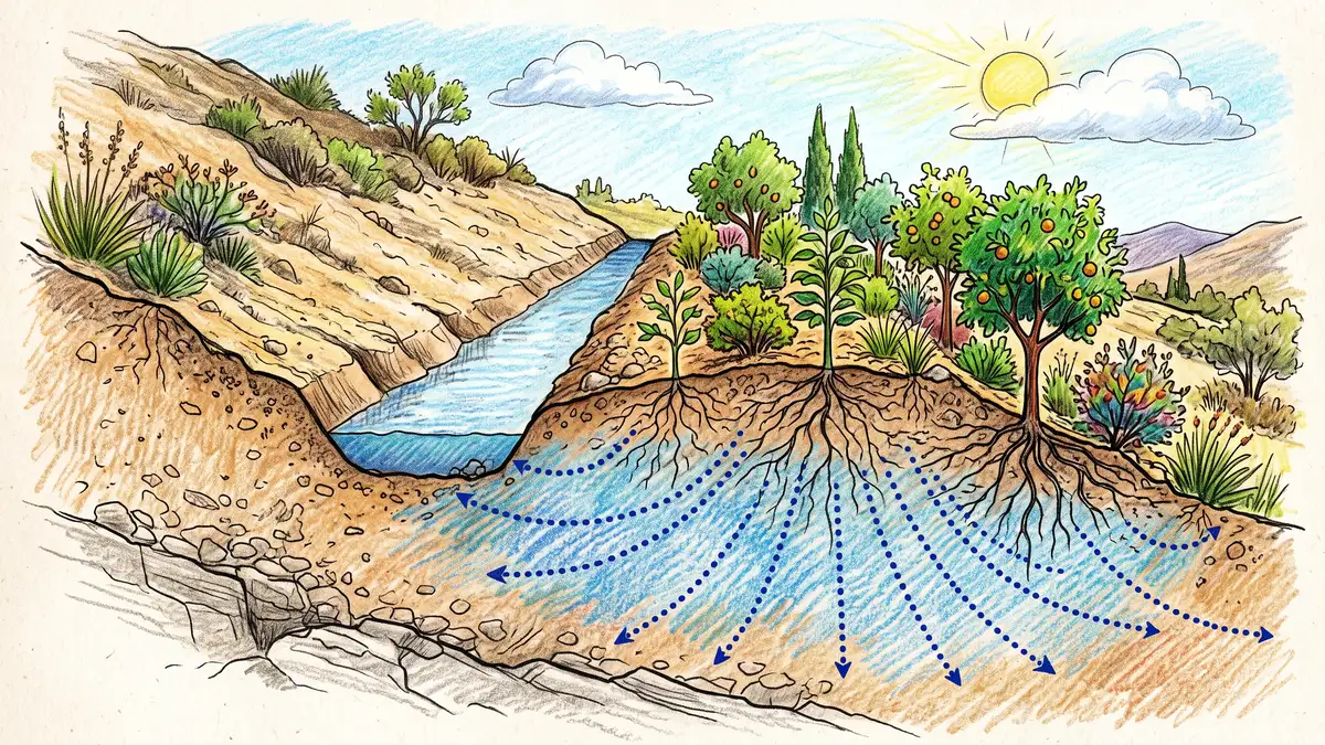 Cross-section drawing of a contour swale on a dry hillside showing water soaking sideways into the soil profile beneath a planted berm