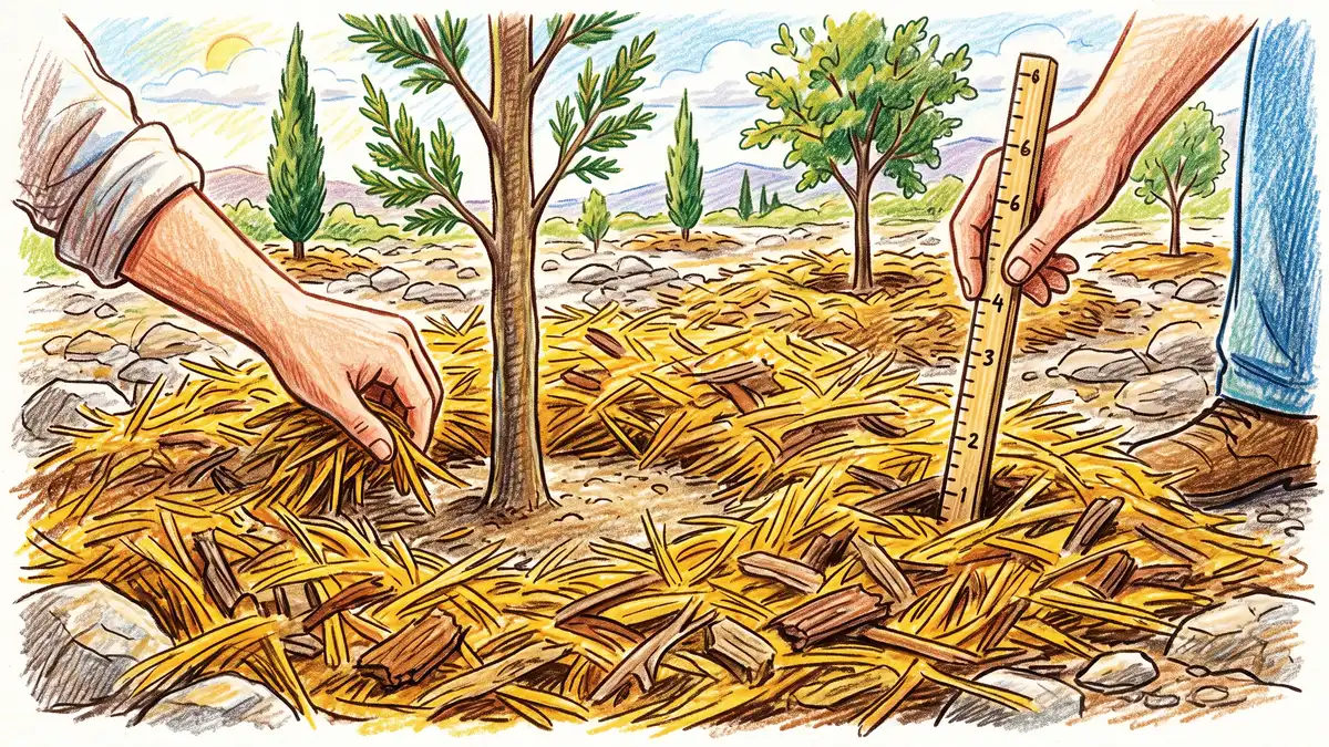 Deep straw and woody mulch being spread around young drought-adapted trees on stony ground with a clear collar left around each trunk