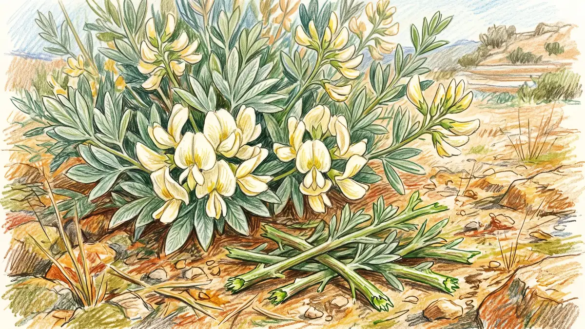 Tagasaste tree lucerne in flower with silvery-green foliage on dry stony Mediterranean ground with cut branches lying beneath as mulch