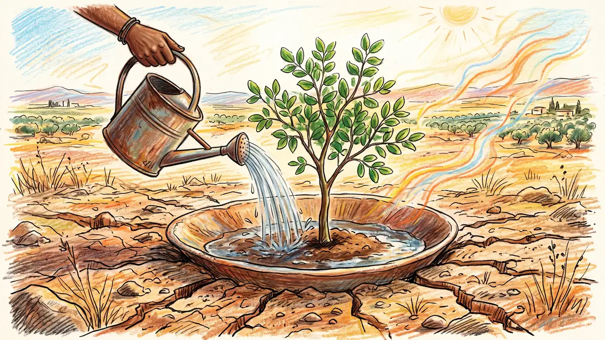 Young carob tree planted in a shallow saucer-shaped basin catching runoff with water being poured in from a can on dry cracked ground