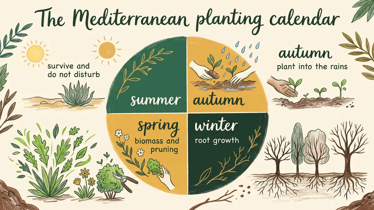 Circular Mediterranean planting calendar infographic showing autumn planting, winter root growth, spring biomass and pruning, and summer survival