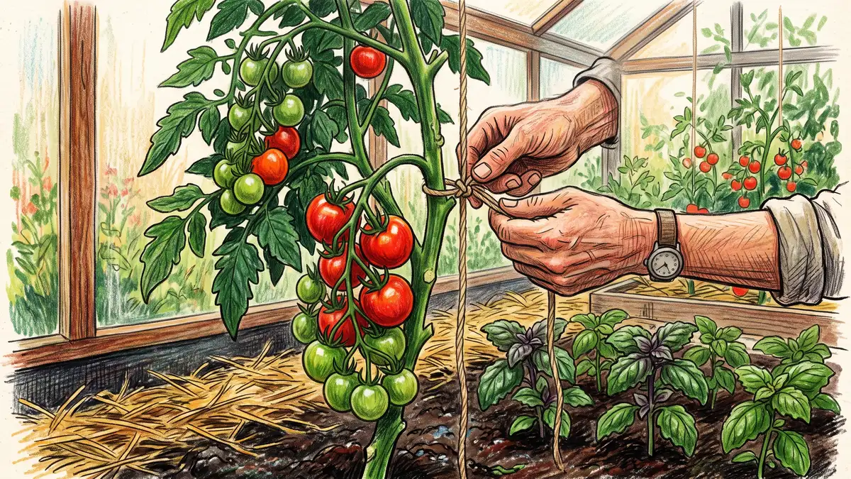 Gardener tying a greenhouse tomato vine to a vertical string with basil growing below in the same raised bed