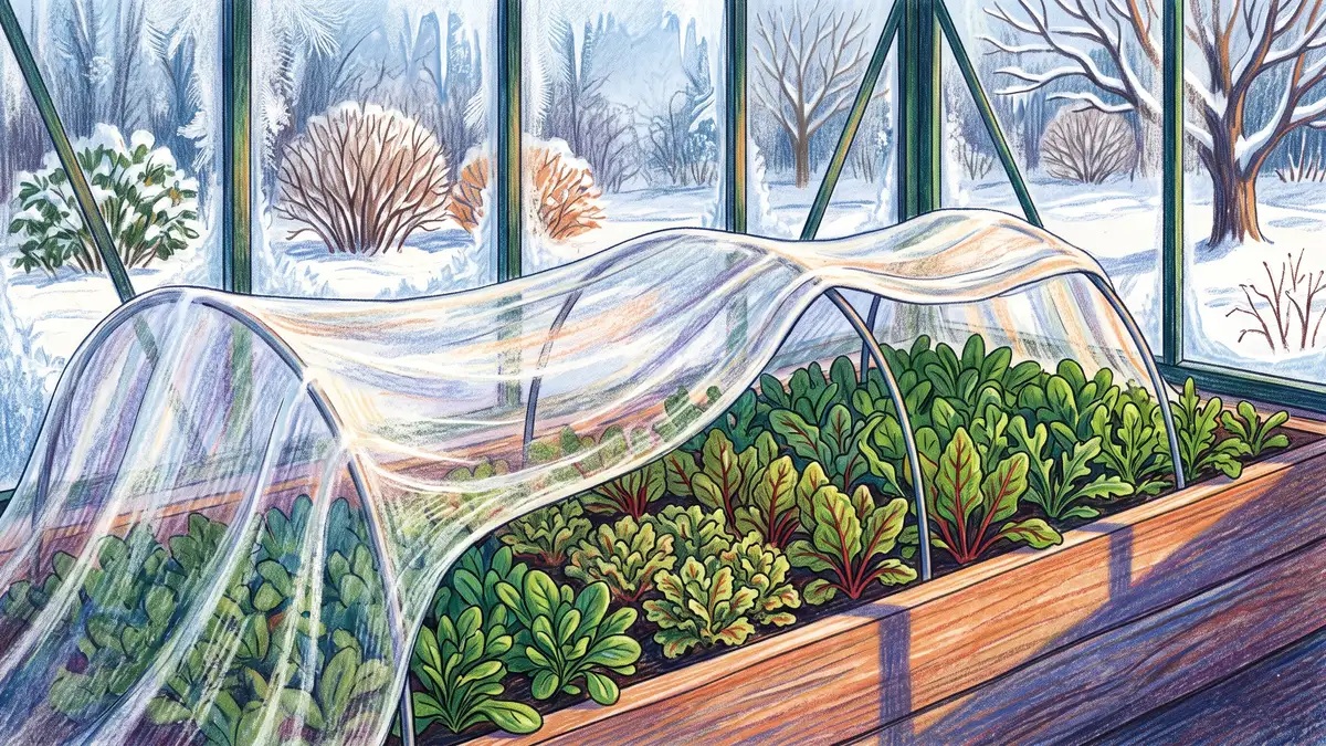 Winter greenhouse bed of spinach arugula and red-veined Swiss chard half covered by a floating row cover on wire hoops
