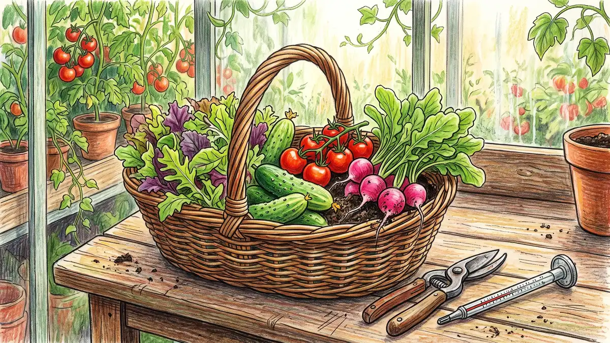Harvest basket of salad leaves cucumbers cherry tomatoes and radishes on a greenhouse potting bench beside a soil thermometer