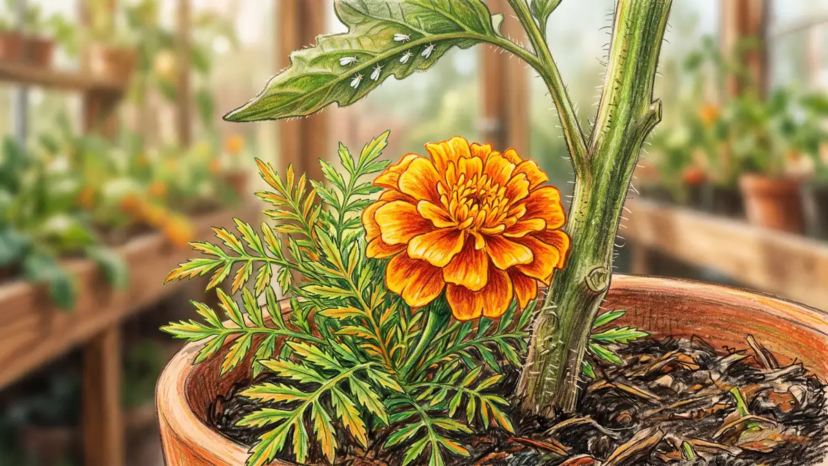 Close-up of a bright orange French marigold flowering at the base of a greenhouse tomato stem with whiteflies on a leaf above