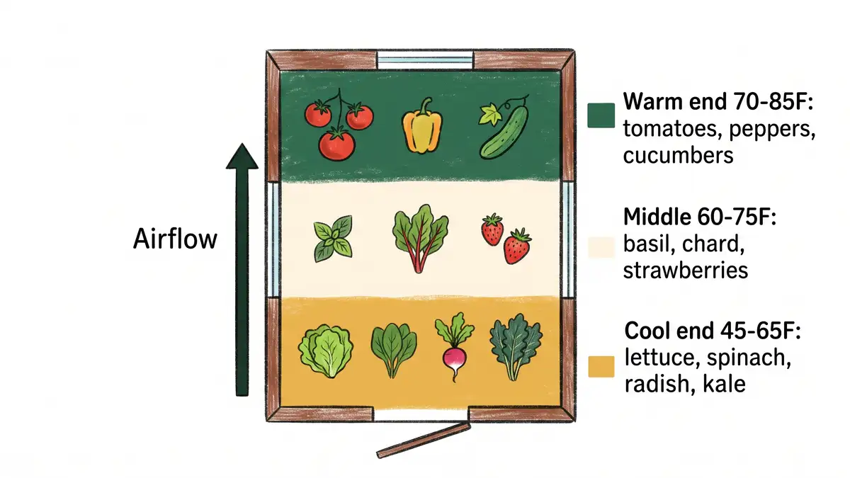Hand-drawn greenhouse floor plan diagram showing warm, middle and cool temperature zones with the crops suited to each band