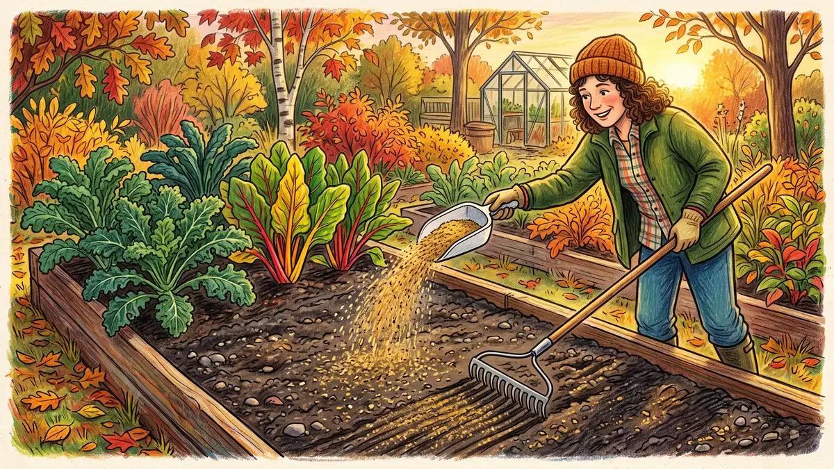 Gardener broadcasting alfalfa meal across an autumn vegetable bed with a scoop and raking it into the top inch of soil