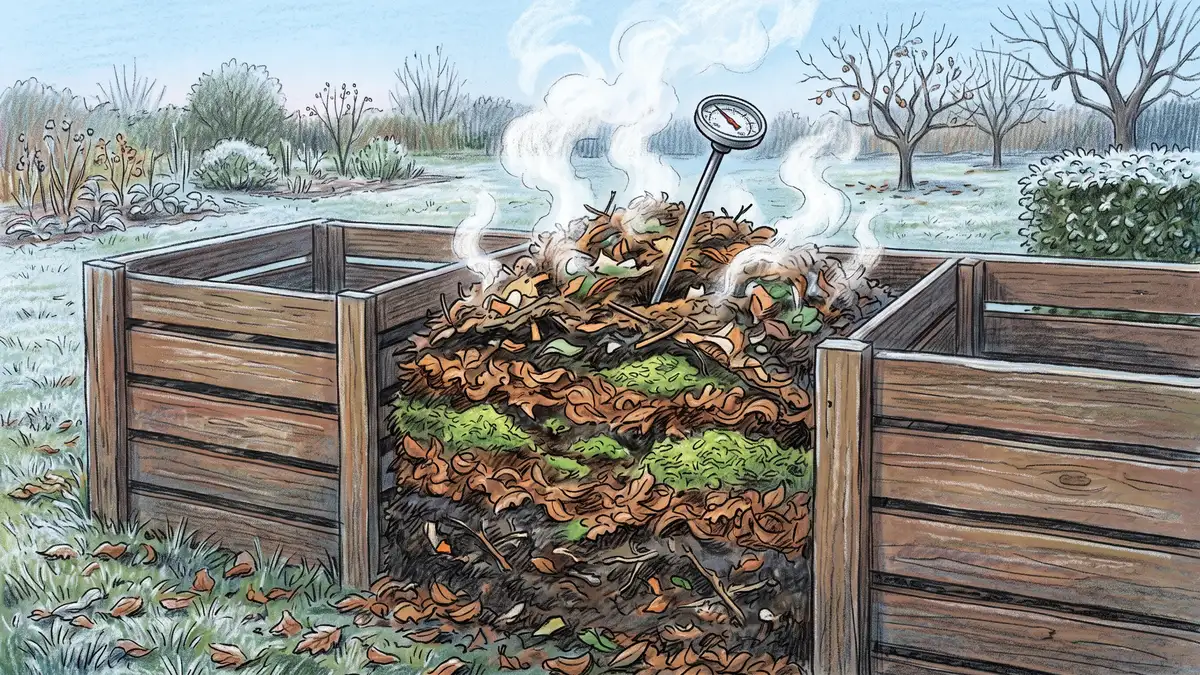 Steaming compost pile in a wooden three-bay bin on a frosty morning with a long-stemmed compost thermometer pushed into the heap