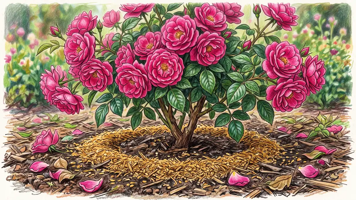 Deep pink rose bush in bloom with a ring of coarse alfalfa meal scattered and worked into the soil at its base