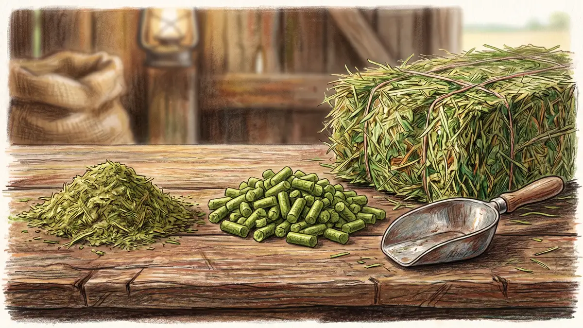 Comparison of loose fibrous alfalfa meal, compressed alfalfa pellets and a wedge of baled alfalfa hay on weathered timber