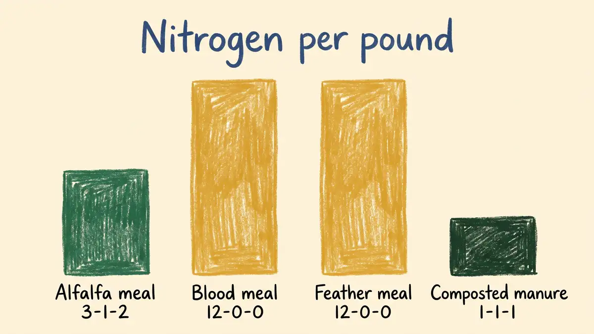 Hand-drawn bar chart comparing nitrogen per pound in alfalfa meal, blood meal, feather meal and composted manure