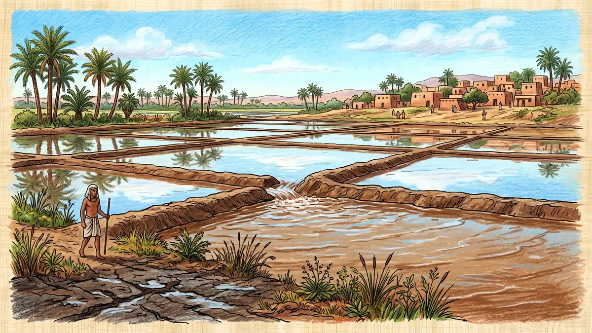 Ancient Egyptian basin irrigation with rectangular fields enclosed by low earth banks holding shallow silty floodwater