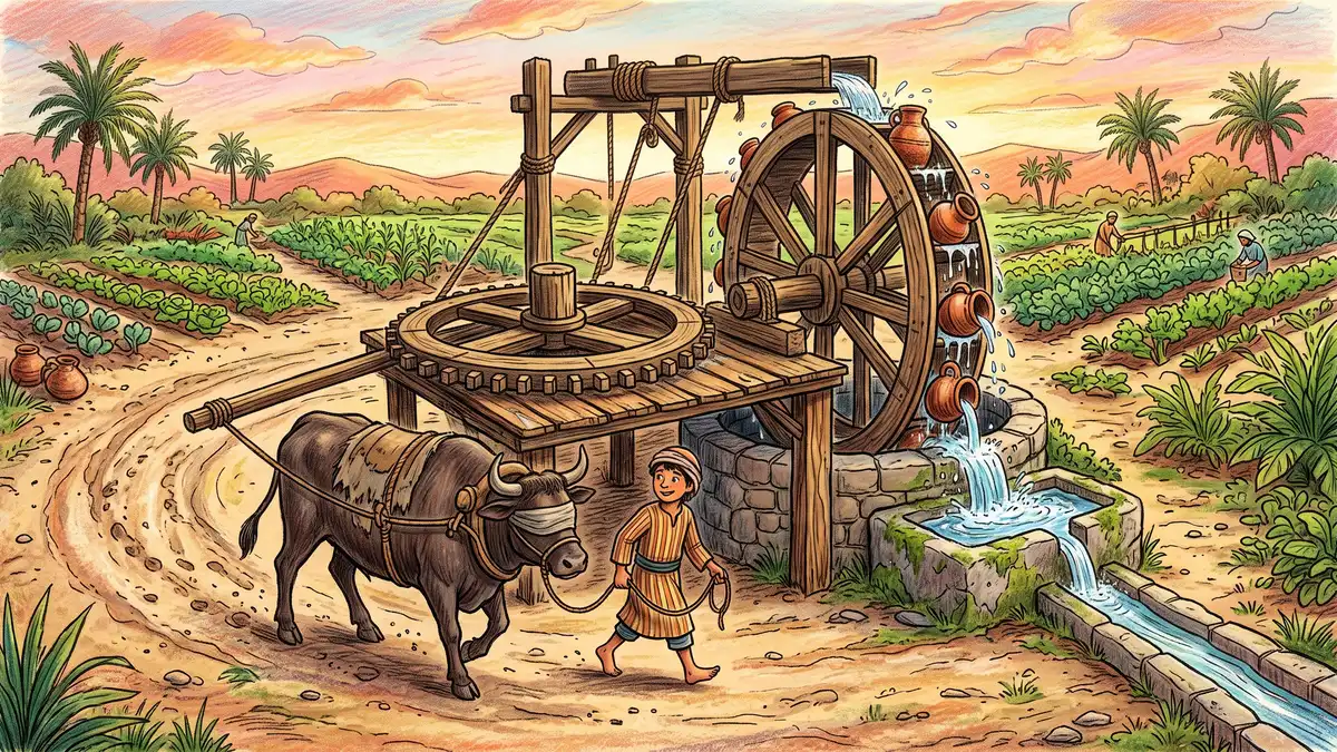 Saqia waterwheel hung with clay pots driven by an ox walking a circular path, lifting water into a stone trough