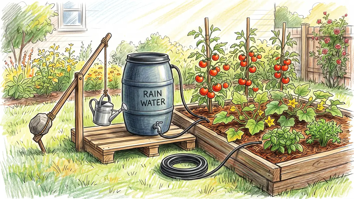 Raised rainwater barrel feeding a gravity-drip line into a mulched raised vegetable bed with tomatoes and squash