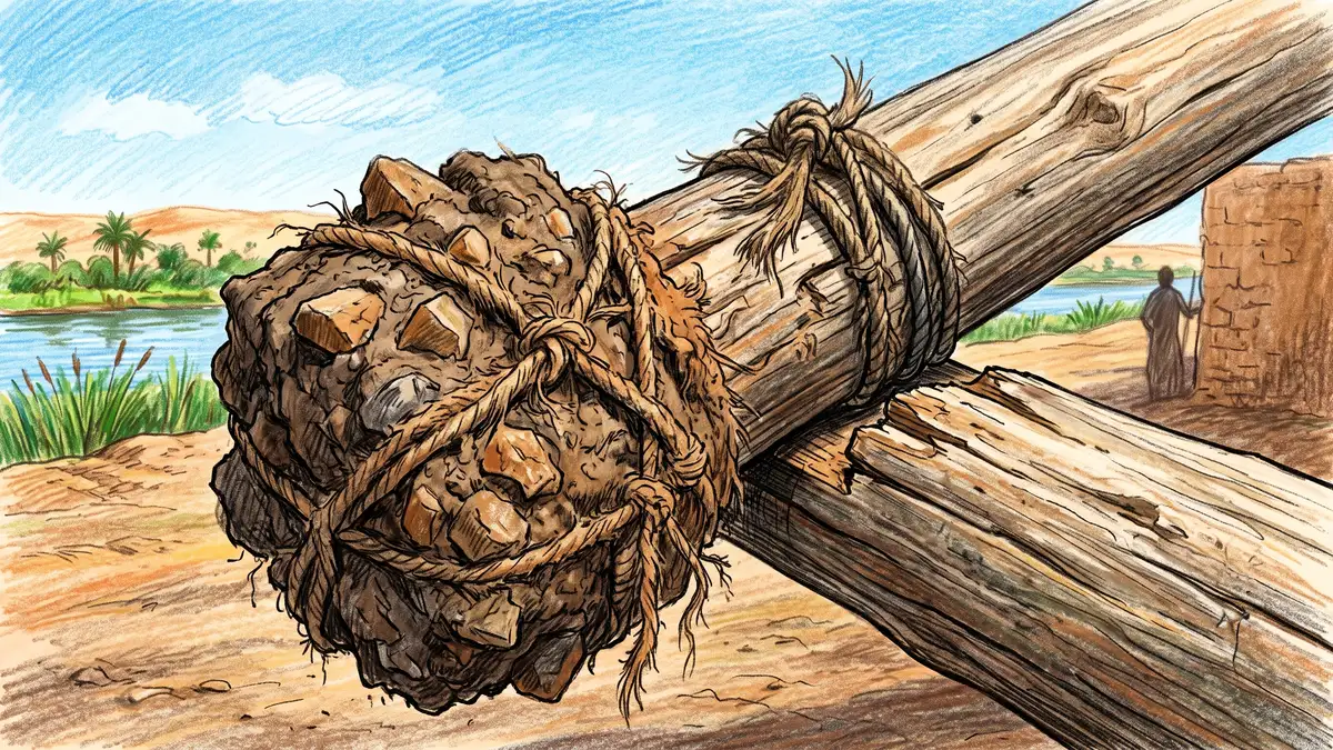 Close-up of a shaduf counterweight, a lump of dried river mud and stone lashed with cord to a weathered wooden pole