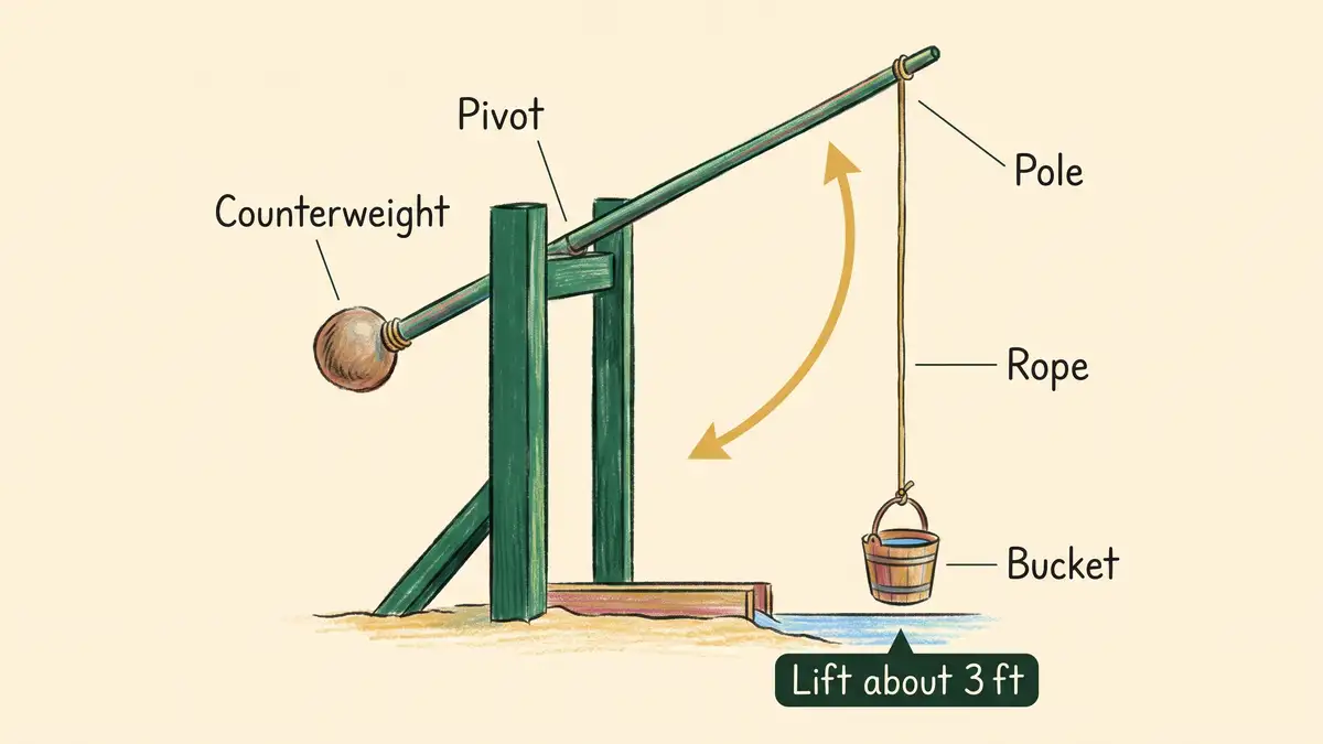 Hand-drawn labelled diagram of a shaduf showing the counterweight, pivot, pole, rope and bucket and the swing of the arm