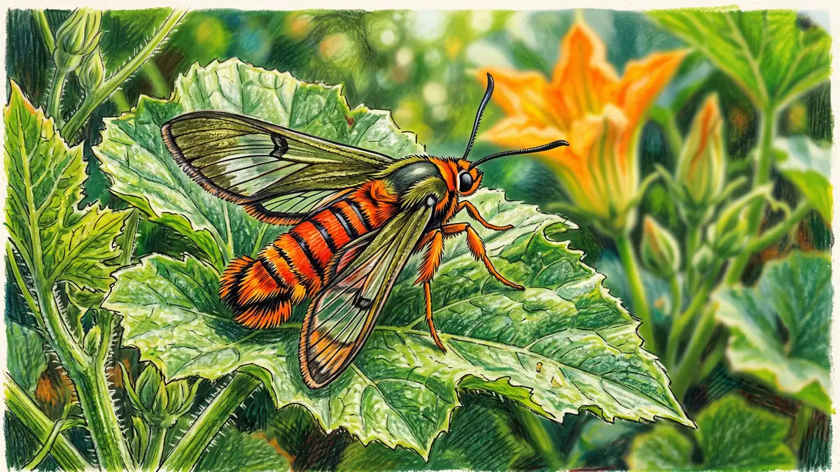 Squash vine borer adult, a day-flying clearwing moth with orange abdomen and metallic green forewings, resting on a squash leaf