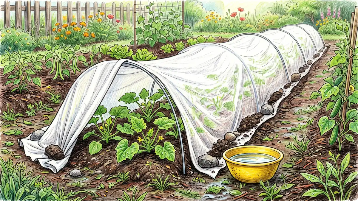 Row of young summer squash plants under a floating row cover on hoops with a yellow water-filled bowl trap beside the row
